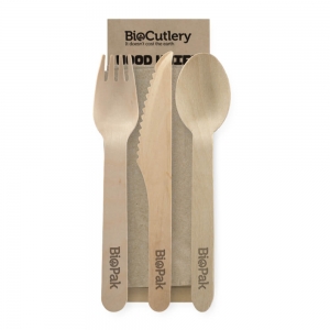 Biopak 16cm Fork, Spoon, Knife & Napkin Wooden Cutlery Set (400/ctn) (100/slv)