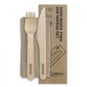 Biopak 16cm Wooden Cutlery Set Knife, Fork, Napkin/400/ctn