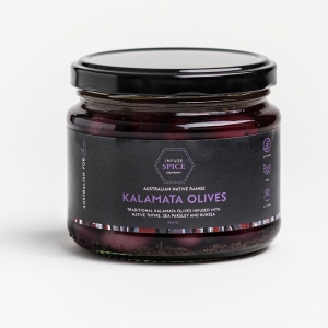 Kalamata Olives infused with native thyme, sea parsley & kunzea Brine/Oil 300ml